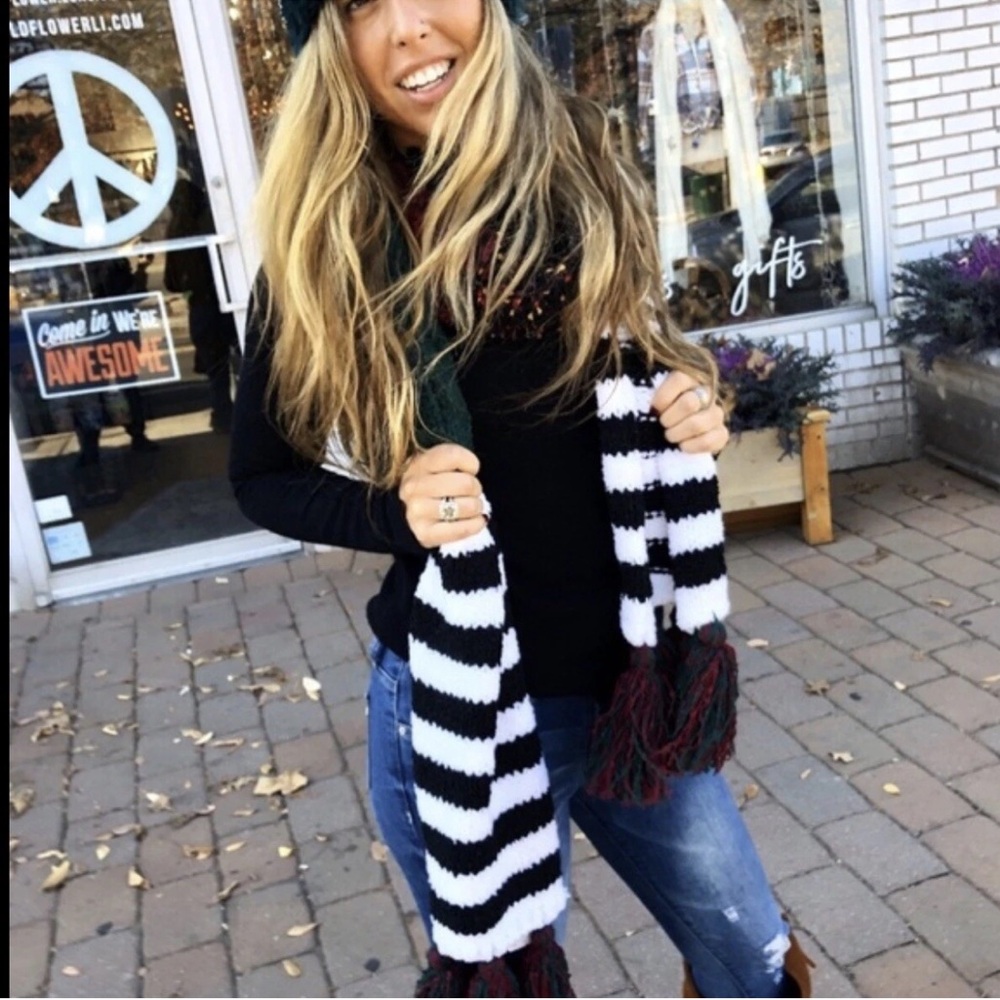 NWT Free People Nova Stripe Tassel Long Scarf Red Green White Autumn One Size